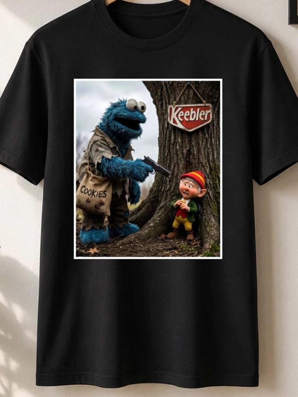 Cookie Monster Robbing Keebler Elf Tree Cookies Humor Shirt